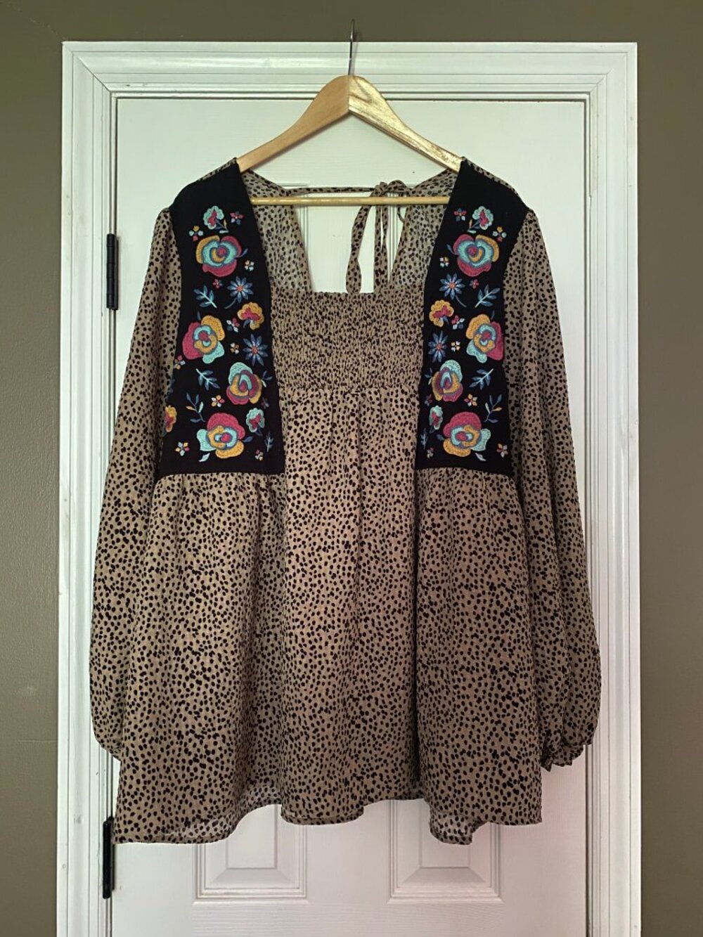 ODDI - Leopard Print Embroidered Floral Babydoll Tunic Top - size 3XL